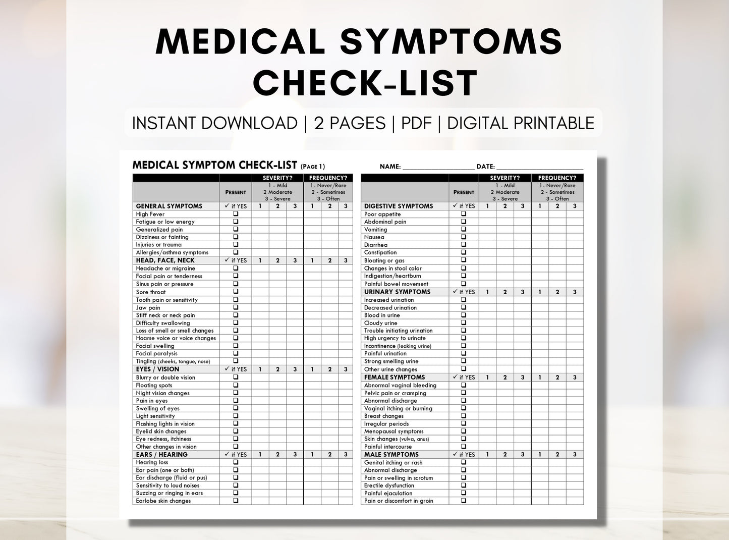 Symptom Checklist, Doctor Visit, Medical Tracker, Symptom List, Patient Education, Chronic Illness (Digital Printable)