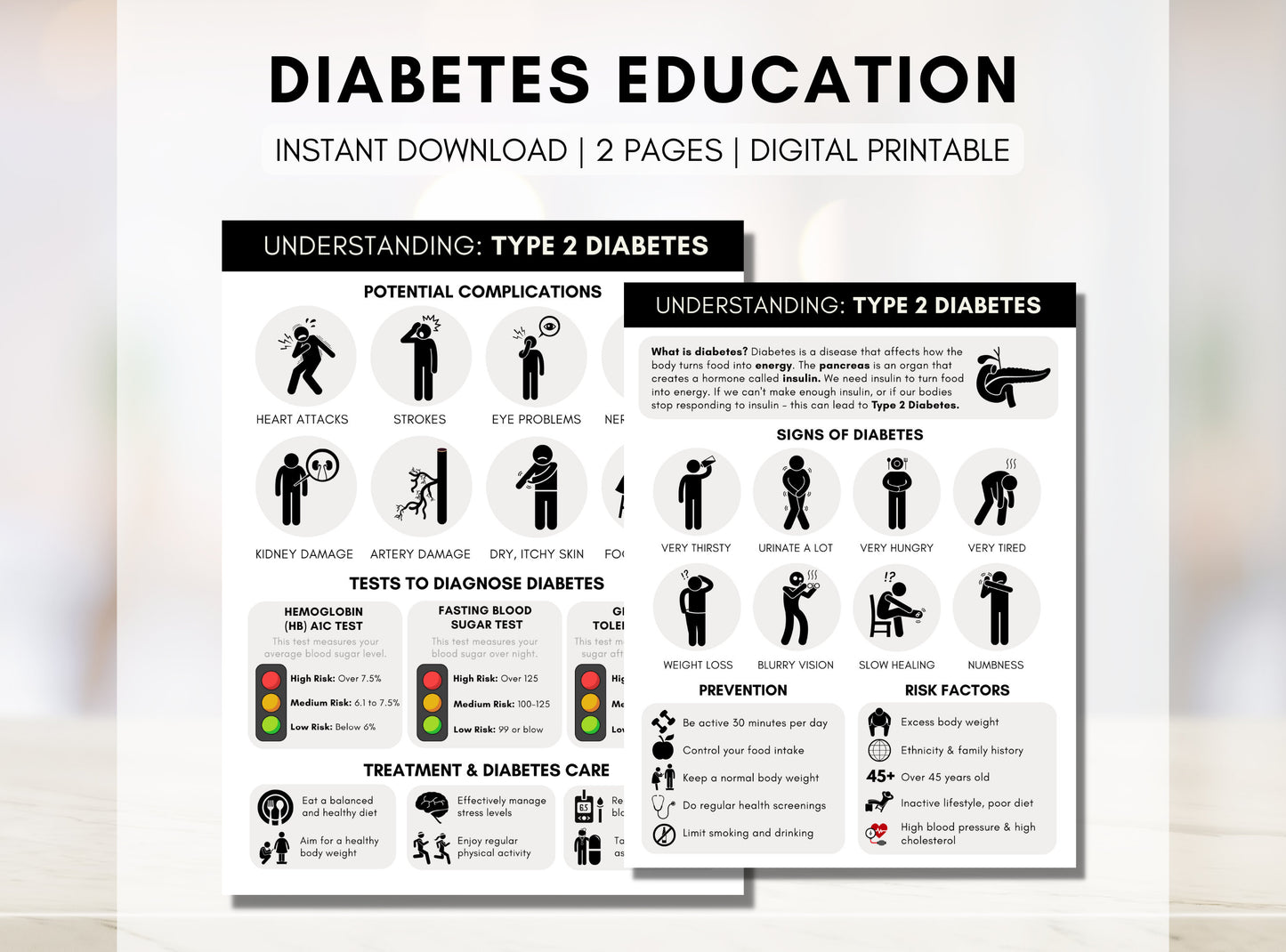 Diabetes Information Handout, Patient Worksheet, Type 2 Diabetes Pamphlet, Chronic Disease Management, Infographic (Digital Printable)