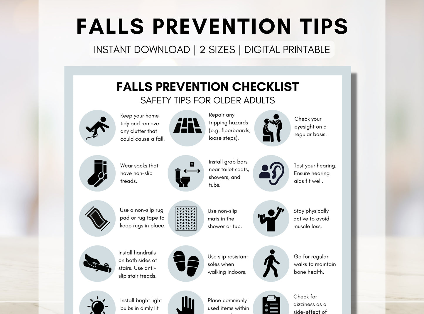 Falls Prevention Checklist, Falls Injury Tip Sheet, Seniors Health Education, Older Adult, Nursing, Occupational Therapy (Digital Printable)