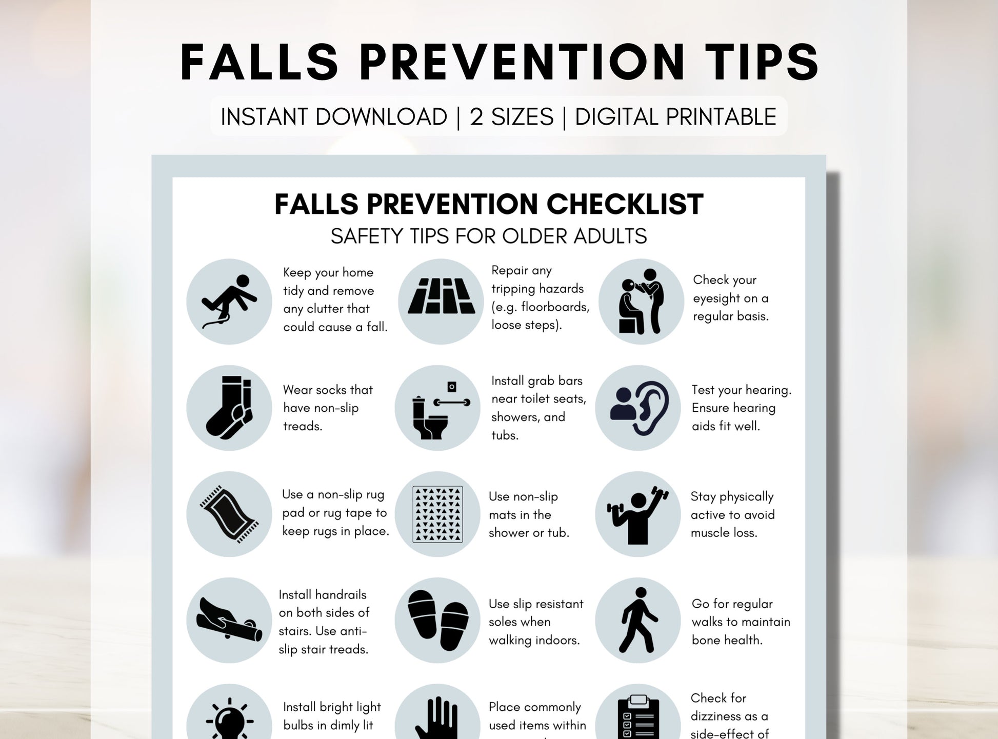 Falls Prevention Checklist, Falls Injury Tip Sheet, Seniors Health Education, Older Adult, Nursing, Occupational Therapy (Digital Printable)