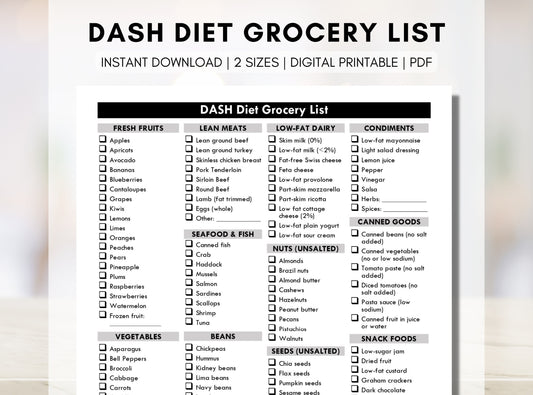 DASH Diet Grocery List, Low Sodium Shopping List, High Blood Pressure Food List, Hypertension Meal Planning, Nutrition (Digital Printable)