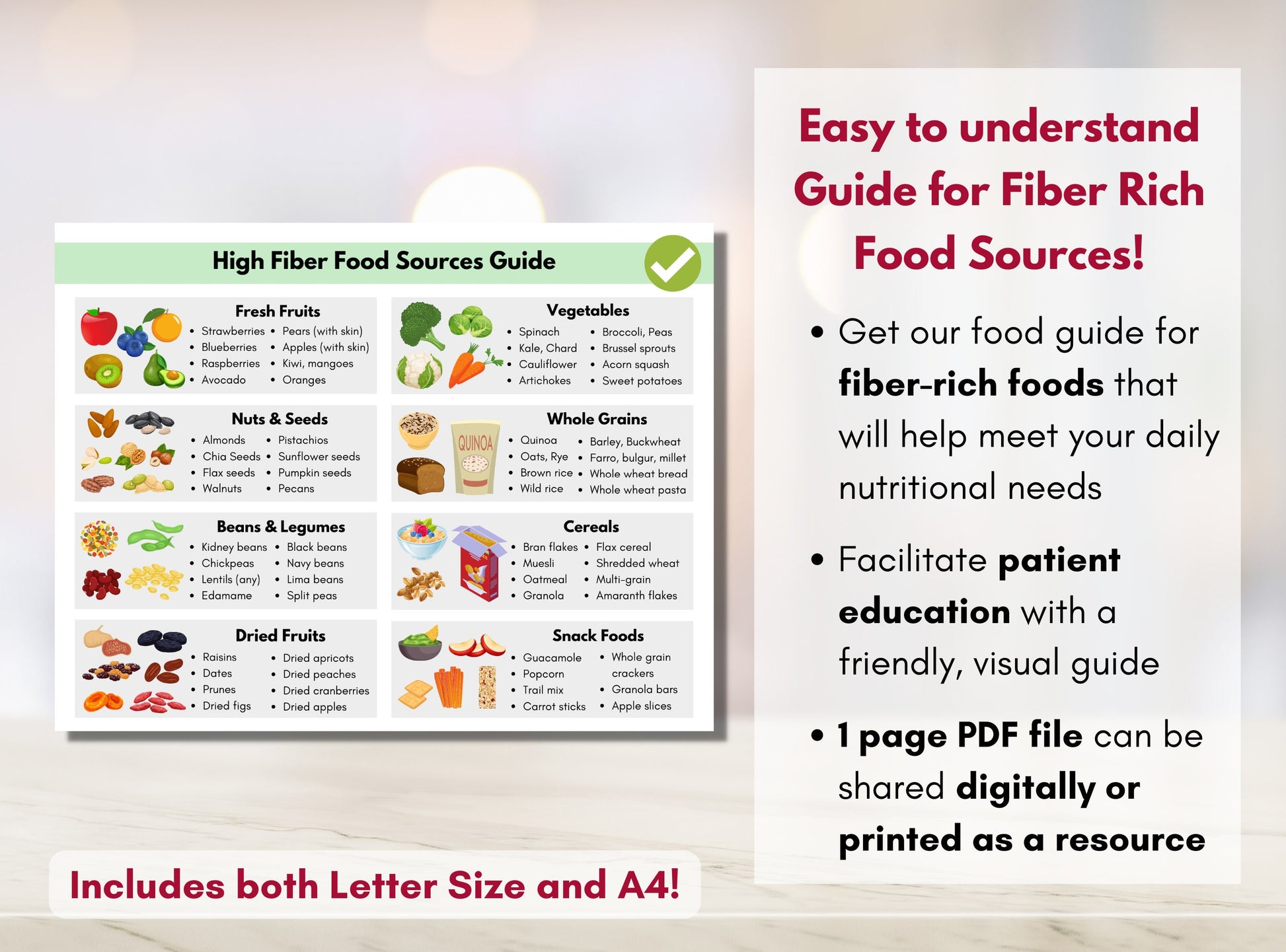 Fiber Food Guide, Fiber Food Sources, Grocery List for Fiber, Patient Education Tips, Nutrition Cheat Sheet (Digital Printable)