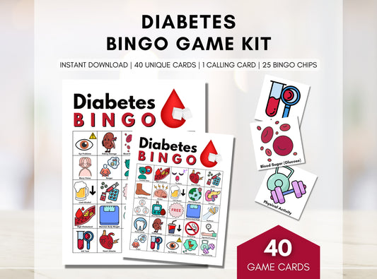 Diabetes BINGO Card Game, 40 Game Boards, Type 2 Diabetes Patient Education, Classroom Activity, Health Game (Digital Printable)