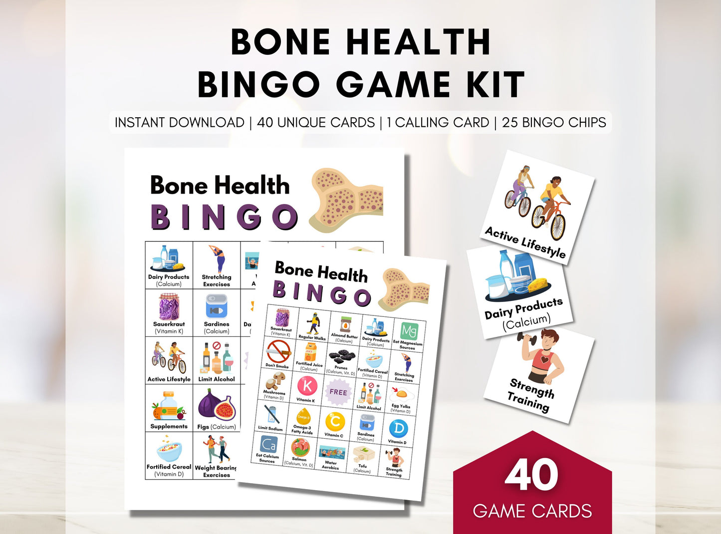 Bone Health BINGO Game Kit, Patient Education, Health Workshop, Classroom Learning Activity, Seniors Wellness, Nursing (Digital Printable)