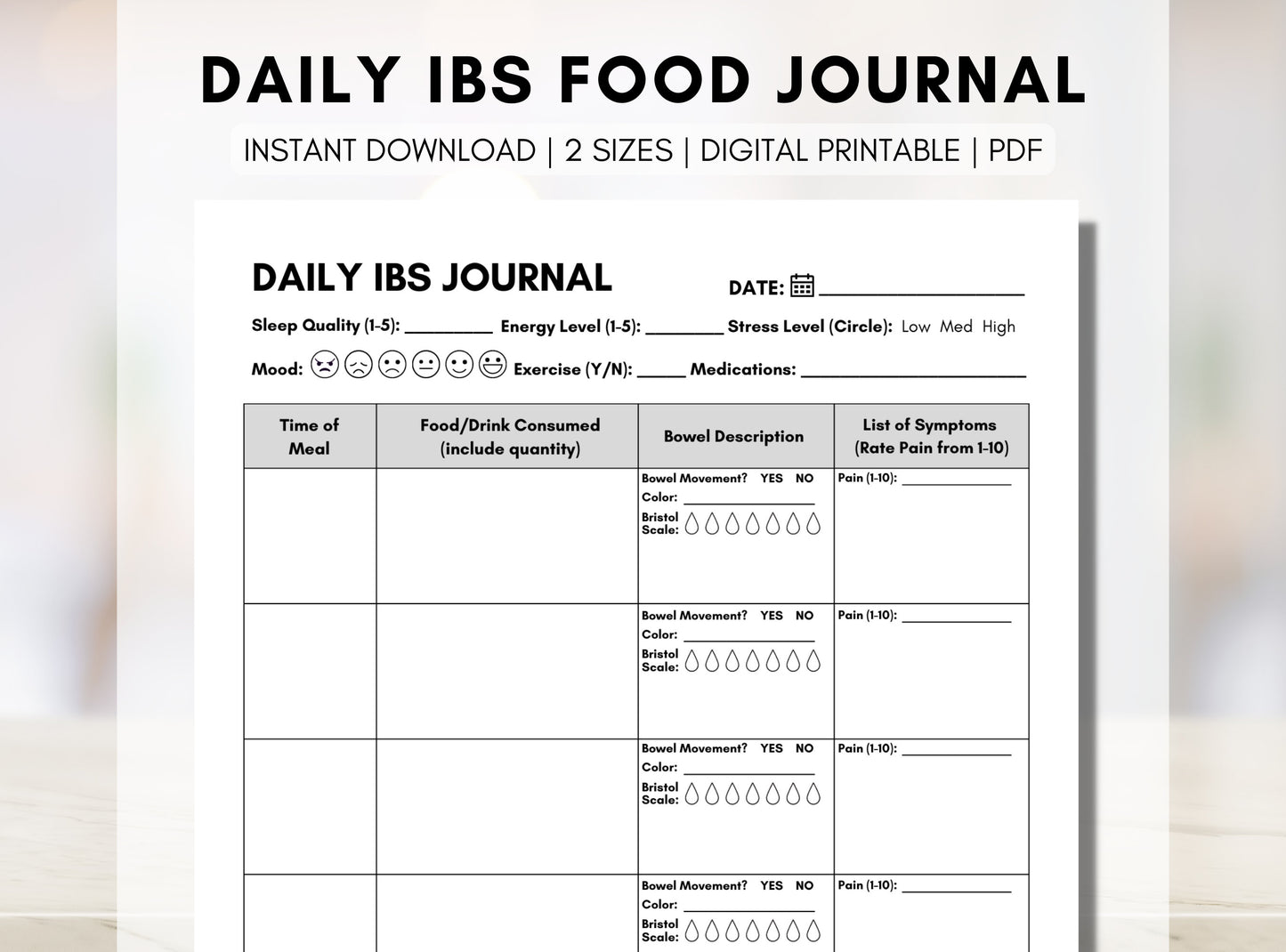 IBS Food Journal, Daily IBS Symptom Diary, Irritable Bowel Syndrome, Bowel Movement Tracker, Nutrition Dietitian (Digital Printable)