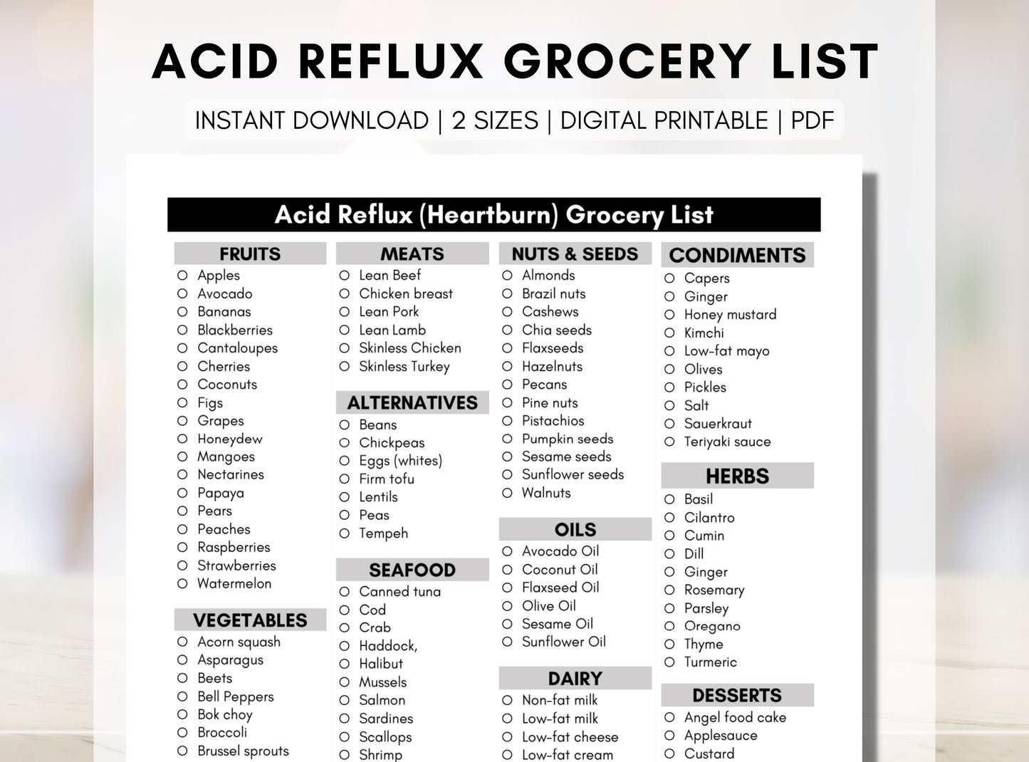 Acid Reflux Grocery List, GERD Heartburn Shopping Food Guide, Low Acid Meal Planner, Nutrition Worksheet, Diet Education (Digital Printable)