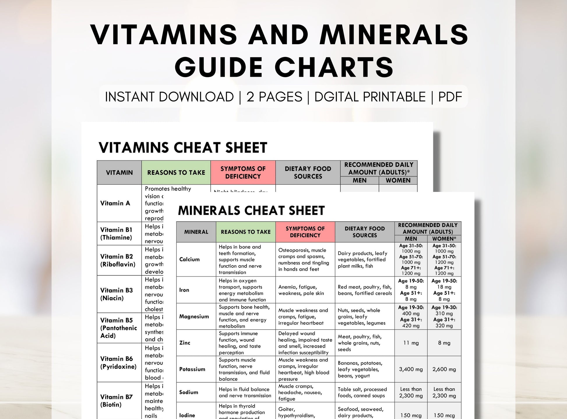 Vitamins and Minerals Guide, Essential Nutrients Chart, Healthy Diet Reference, Patient Education Worksheet, Dietitian (Digital Printable)