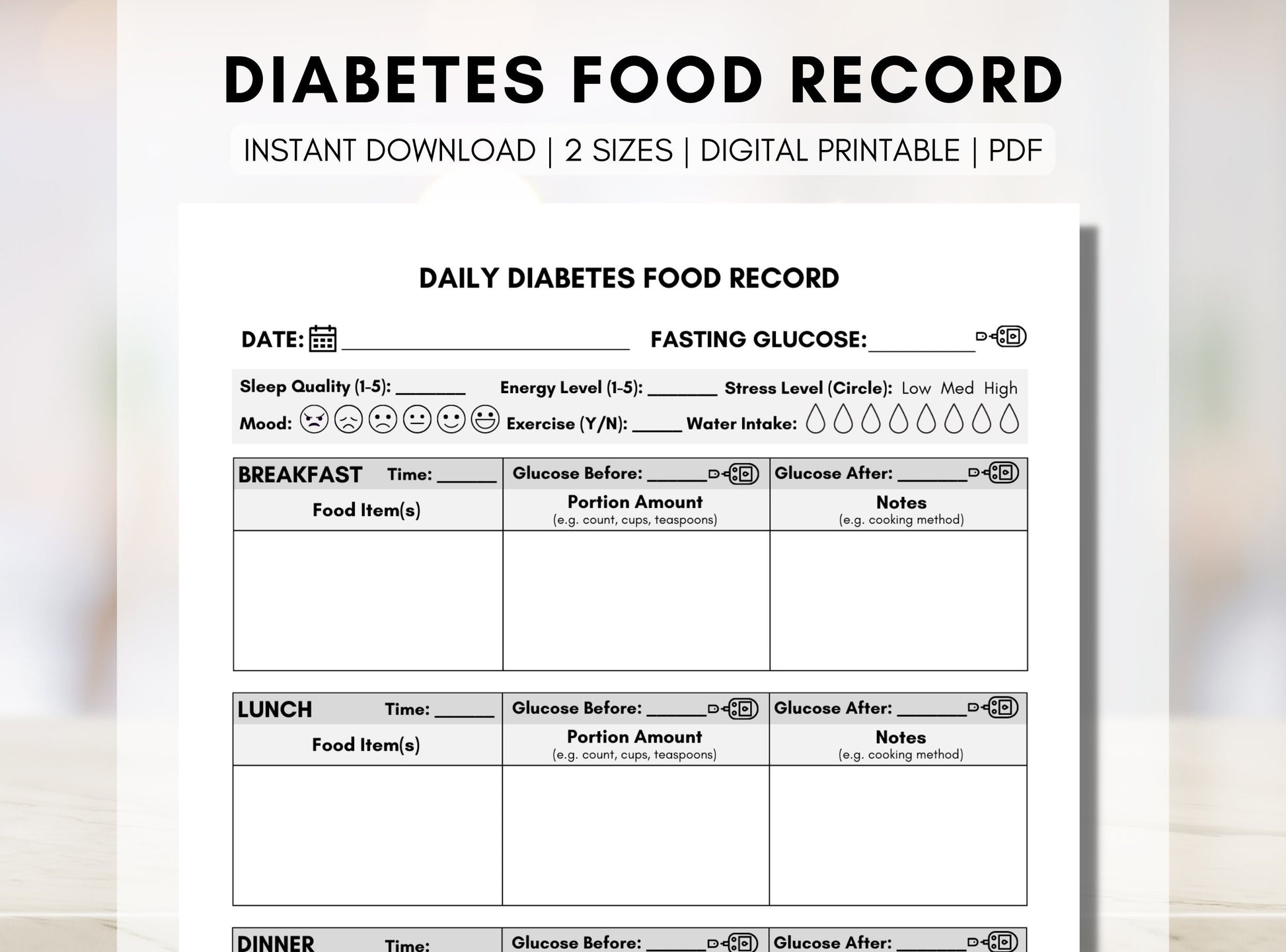 Diabetes Food Journal, Blood Sugar Log, Type 2 Diabetes Tracker, Diabetes Food Management, Education Worksheet (Digital Printable)