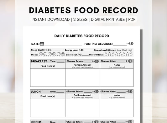 Diabetes Food Journal, Blood Sugar Log, Type 2 Diabetes Tracker, Diabetes Food Management, Education Worksheet (Digital Printable)