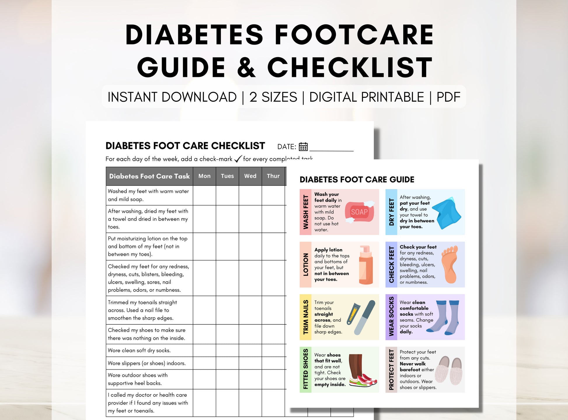 Diabetes Foot Care Checklist, Diabetic Foot Care Guide, Feet Care Log, Tracker, Journal, Patient Education (Digital Printable)