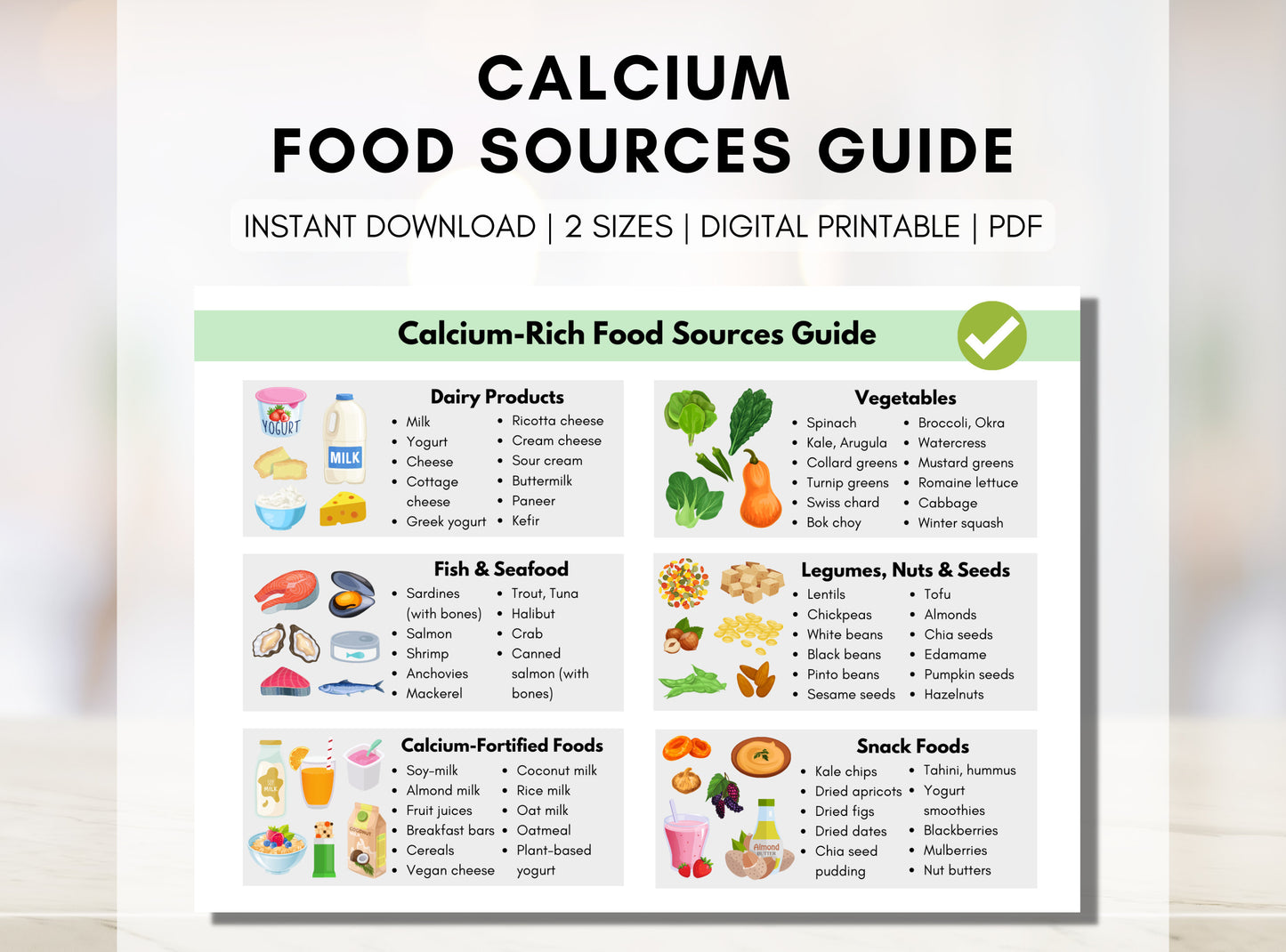 Calcium Food Guide, Calcium Food Sources, Grocery List for Calcium, Patient Education Tips, Nutrition Cheat Sheet (Digital Printable)