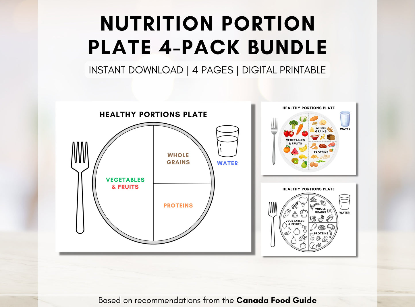 Healthy Portions Plate, Visual Nutrition Eating Guide, Food Portion Control, Dietitian Worksheet, Canada Food Guide (Digital Printable)