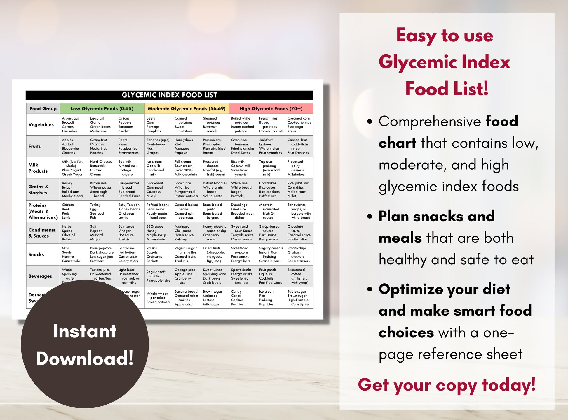 Glycemic Index Food List, Diabetes Meal Planning, Low Glycemic Food Chart, Glycemic Reference Guide, Type 2 Diabetes (Digital Printable)