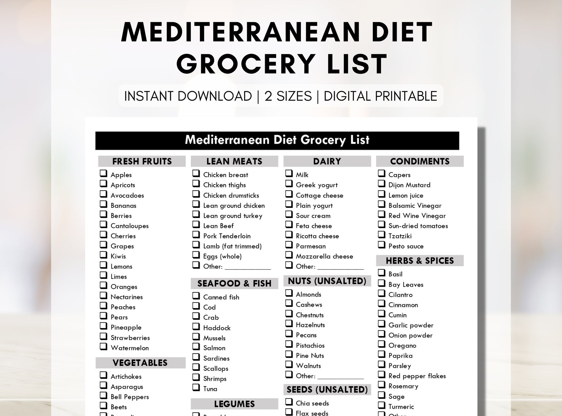 Mediterranean Diet Grocery List, Heart Healthy Shopping List, Food List, Meal Planning, Nutrition (Digital Printable)