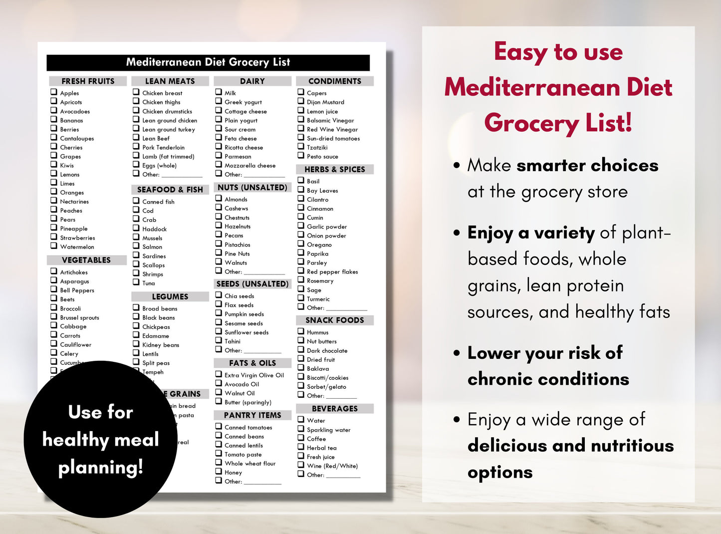 Mediterranean Diet Grocery List, Heart Healthy Shopping List, Food List, Meal Planning, Nutrition (Digital Printable)