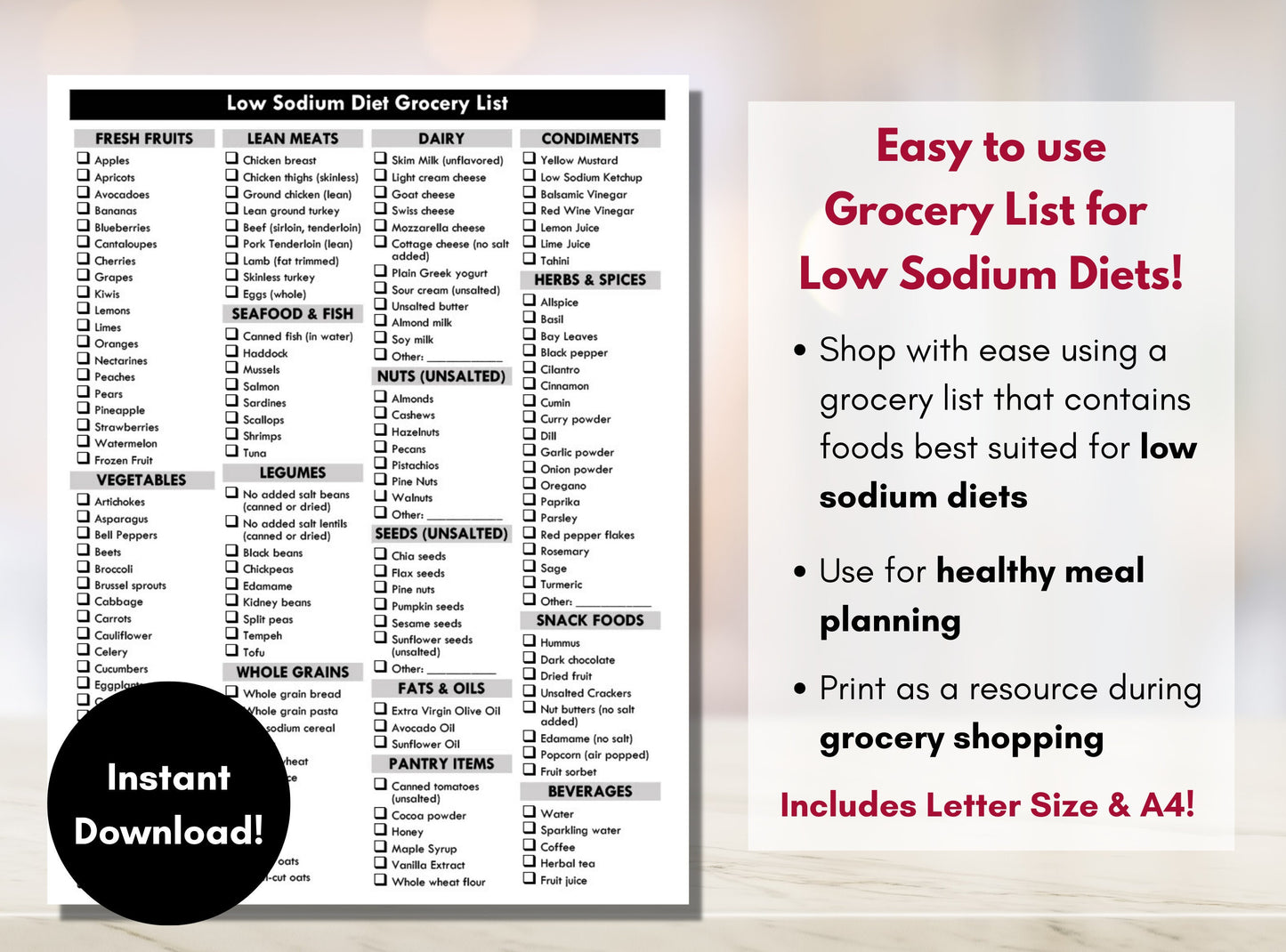 Low Sodium Diet Grocery List, Low Salt Shopping List, High Blood Pressure Food List, Hypertension Meal Planning (Digital Printable)