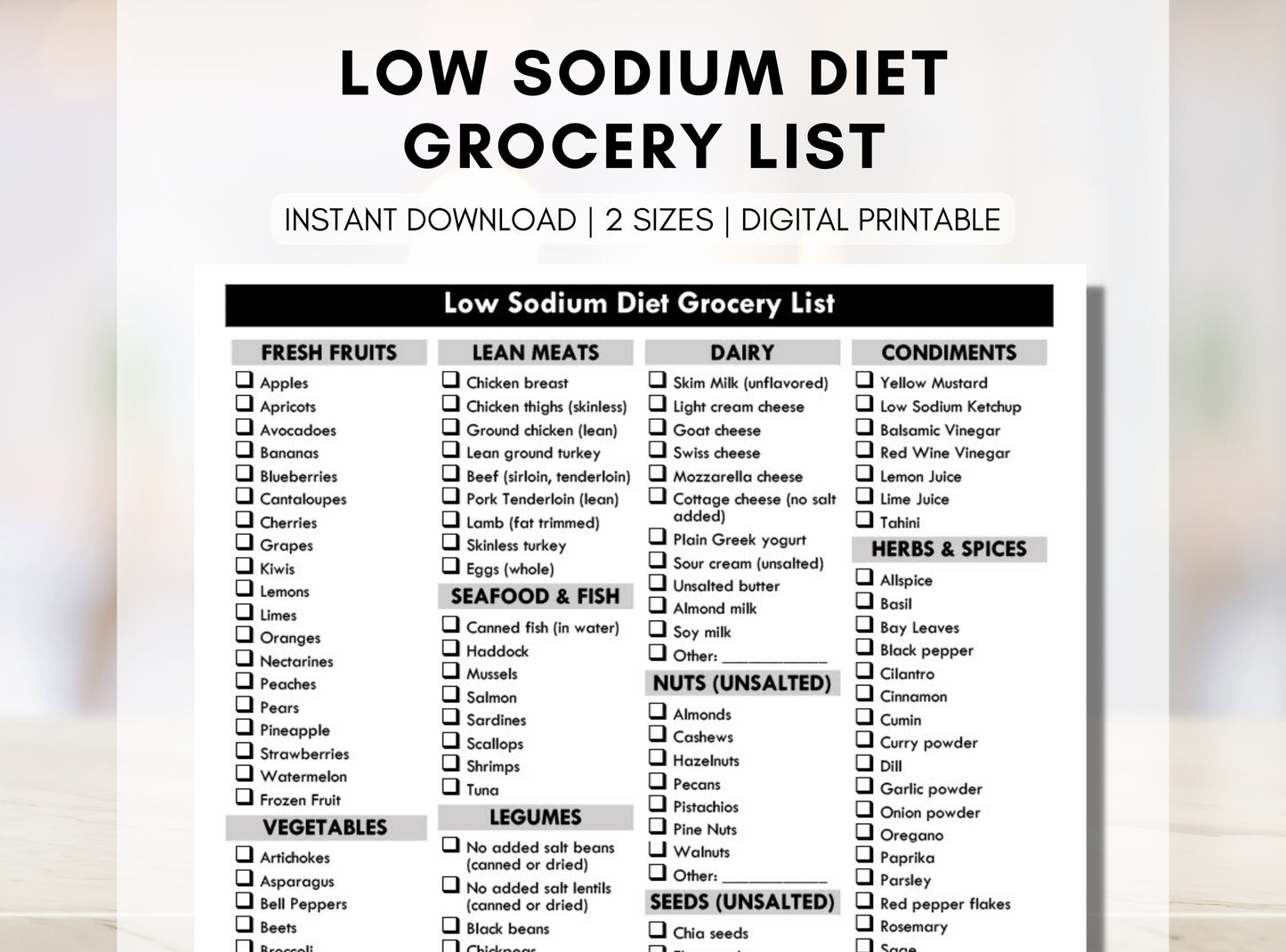 Low Sodium Diet Grocery List, Low Salt Shopping List, High Blood Pressure Food List, Hypertension Meal Planning (Digital Printable)