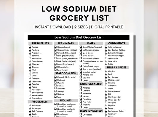 Low Sodium Diet Grocery List, Low Salt Shopping List, High Blood Pressure Food List, Hypertension Meal Planning (Digital Printable)