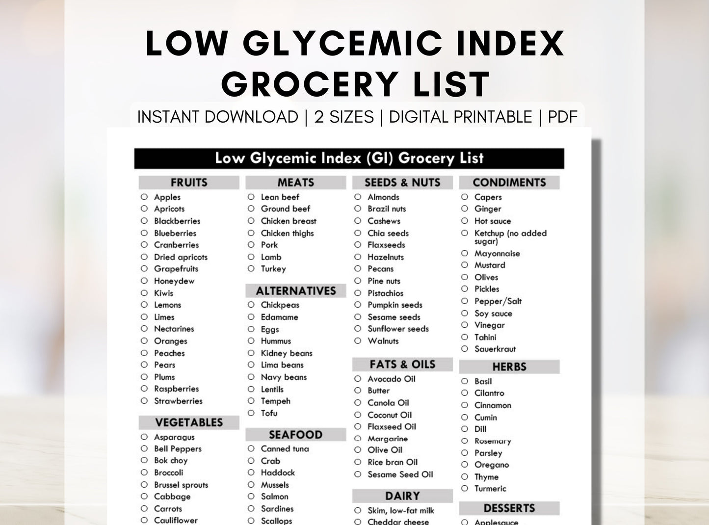 Low Glycemic Index Grocery List, GI Diet Shopping List, Diabetic Meal Planning, Nutrition Blood Sugar, Type 2 Diabetes (Digital Printable)