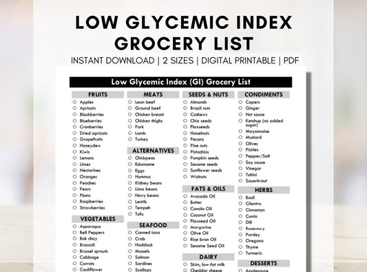 Low Glycemic Index Grocery List, GI Diet Shopping List, Diabetic Meal Planning, Nutrition Blood Sugar, Type 2 Diabetes (Digital Printable)