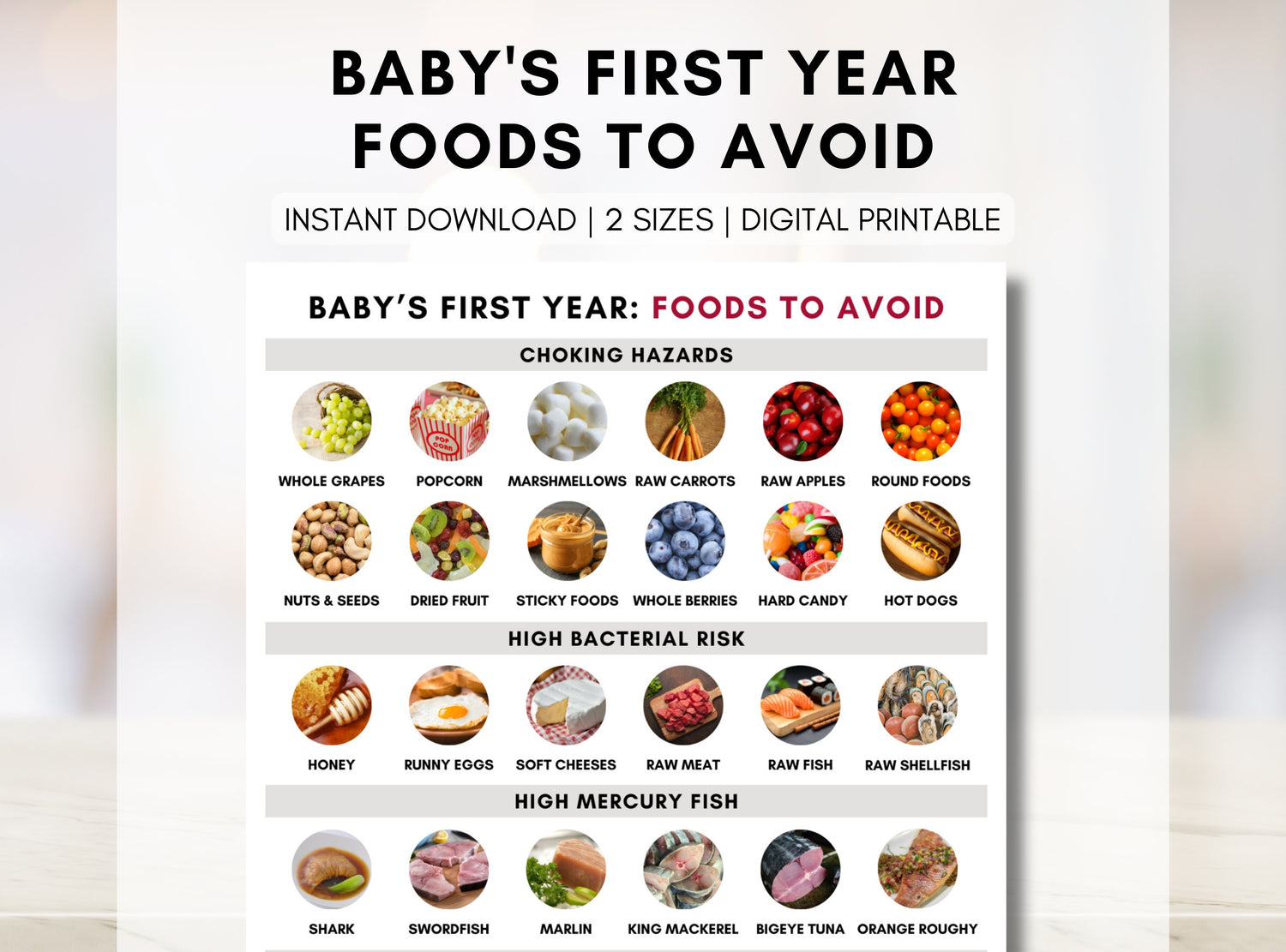 Baby Foods to Avoid, Baby Safe Food, Unsuitable Foods for Baby, Baby Led Weaning, Baby Meal Planning, Print, Worksheet (Digital Printable)