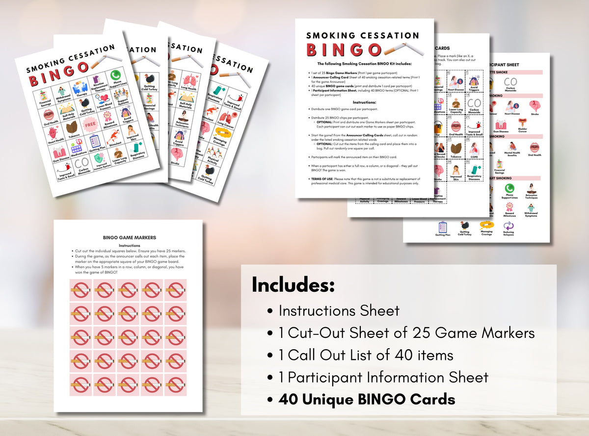 Quit Smoking BINGO Game, Stop Smoking Bingo, Health Games, Patient Education, Workshop, Classroom Learning Activity (Digital Printable)