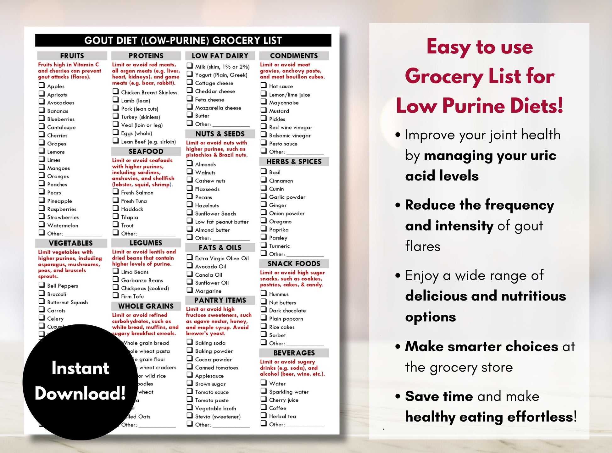 Gout Diet Grocery List, Low Purine Diet Shopping List, Gout Food Guide, Low Uric Acid Meal Planner, Gout Nutrition Diet (Digital Printable)