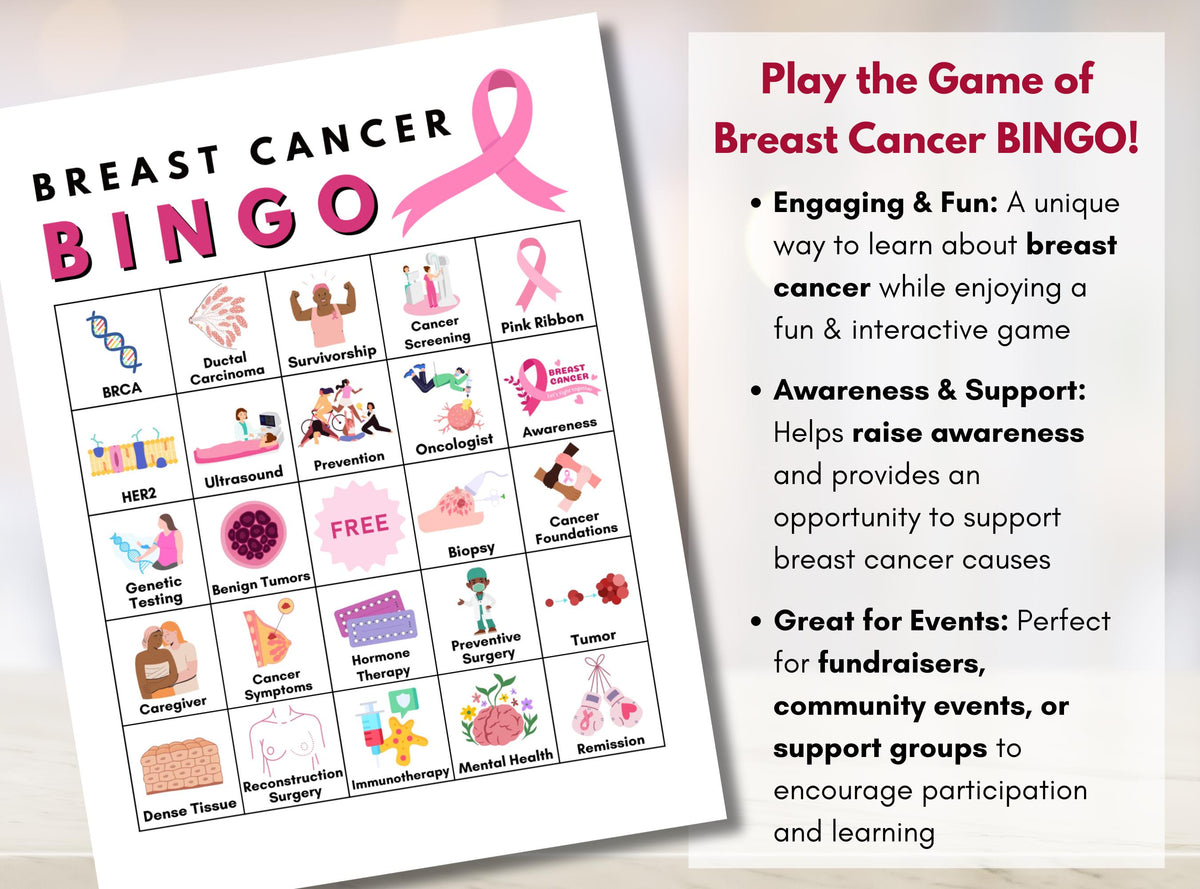 Breast Cancer BINGO Game, Health Bingo, Fundraiser Games, Patient Education, Cancer Support Workshop, Learning Activity (Digital Printable)