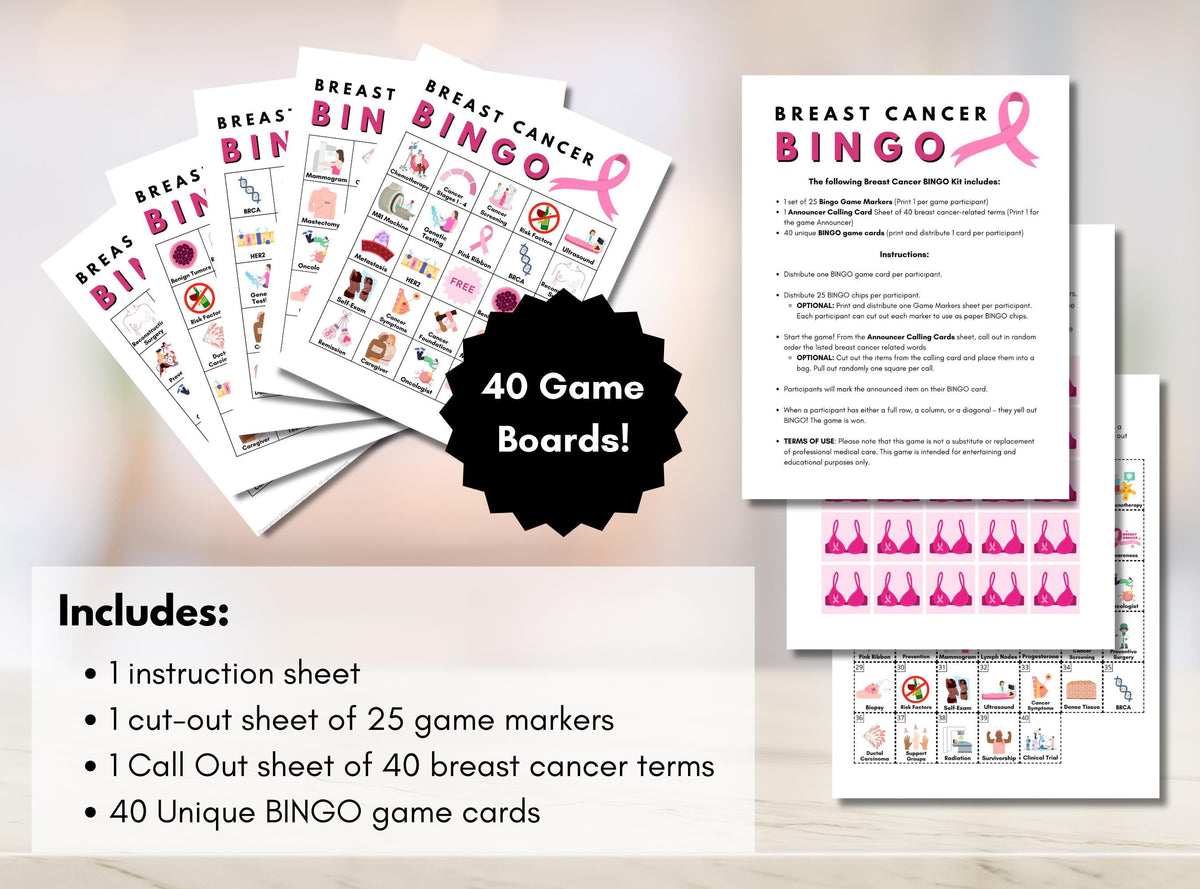 Breast Cancer BINGO Game, Health Bingo, Fundraiser Games, Patient Education, Cancer Support Workshop, Learning Activity (Digital Printable)
