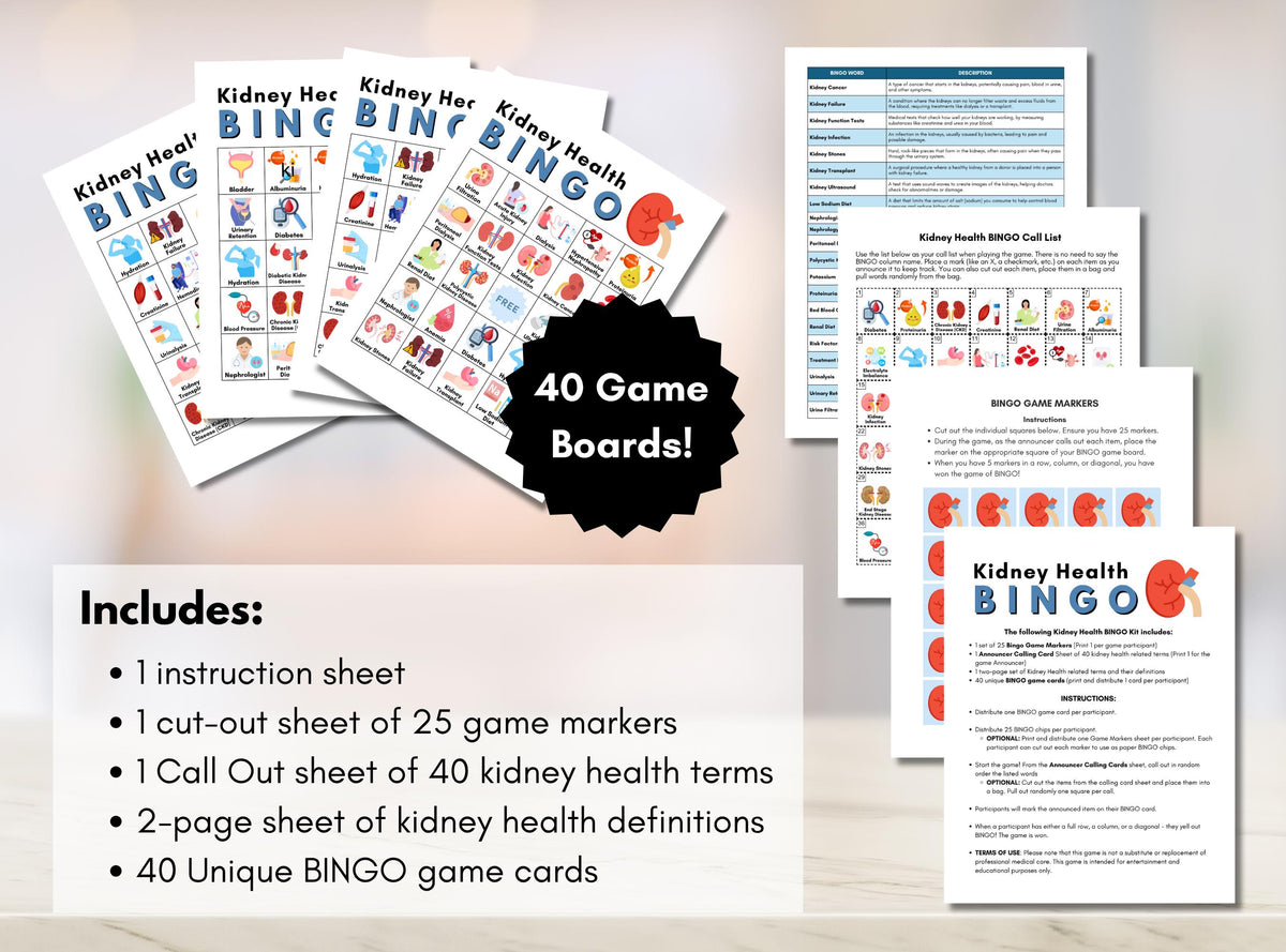 Kidney Health BINGO Game, Renal Health Games, Patient Education, Workshop, Classroom Learning Activity, Fundraising (Digital Printable)