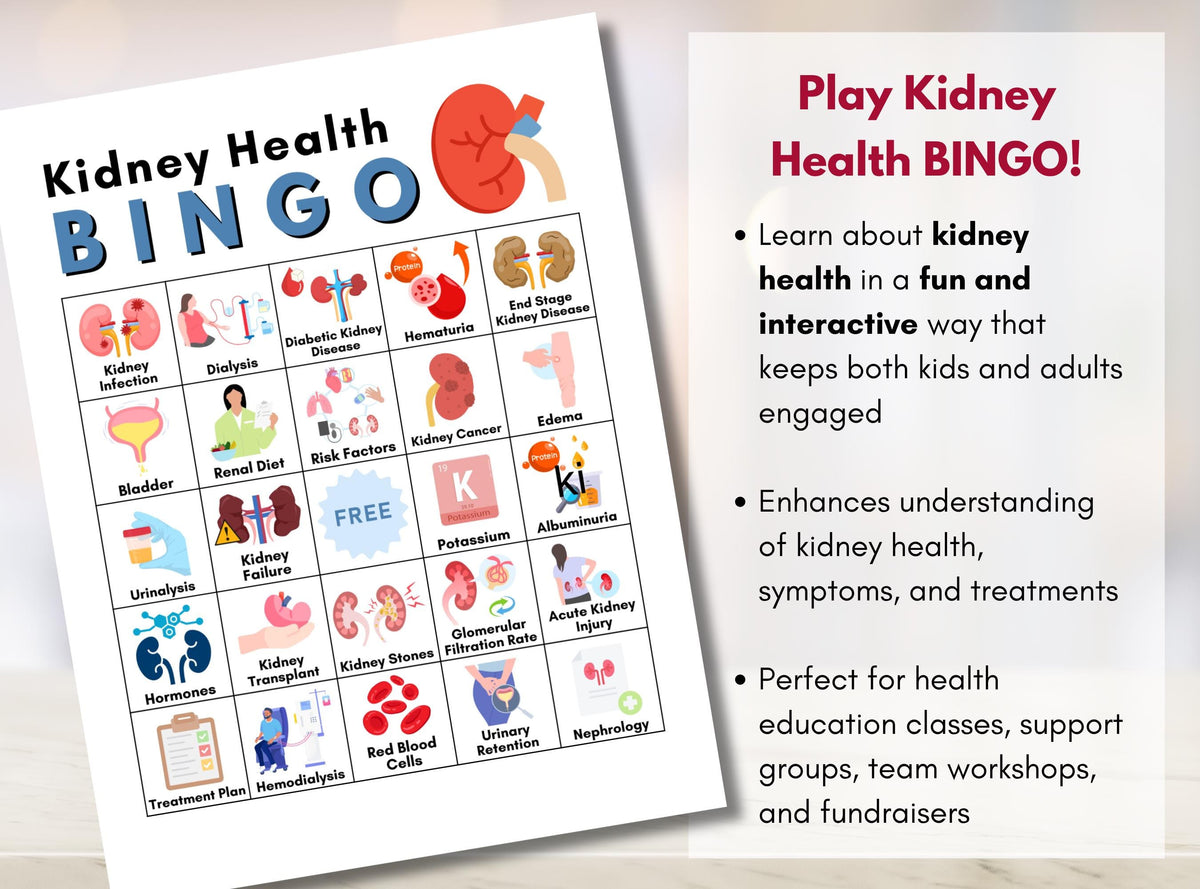 Kidney Health BINGO Game, Renal Health Games, Patient Education, Workshop, Classroom Learning Activity, Fundraising (Digital Printable)