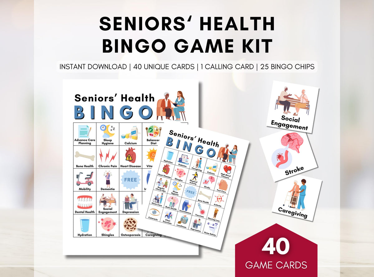 Seniors' Health BINGO Game, Seniors Wellness Education, Healthy Aging Workshop, Classroom Learning Activity, Fundraising (Digital Printable)