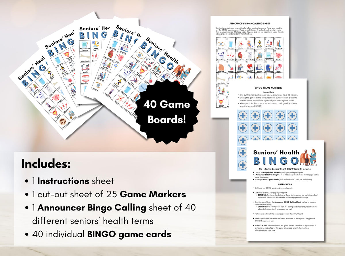 Seniors' Health BINGO Game, Seniors Wellness Education, Healthy Aging Workshop, Classroom Learning Activity, Fundraising (Digital Printable)