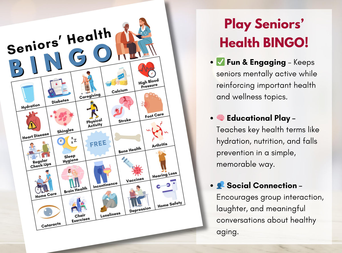 Seniors' Health BINGO Game, Seniors Wellness Education, Healthy Aging Workshop, Classroom Learning Activity, Fundraising (Digital Printable)